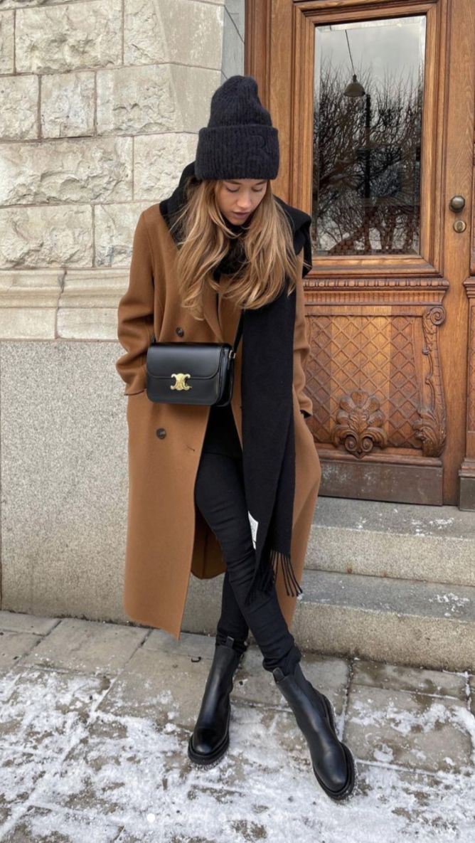 Elegant Camel Coat with Black Chelsea Boots